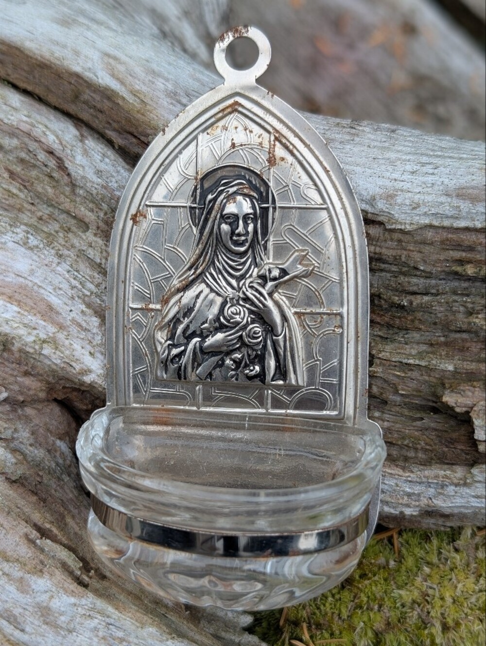 Vintage St Therese Glass & Metal Wall Holy Water Font